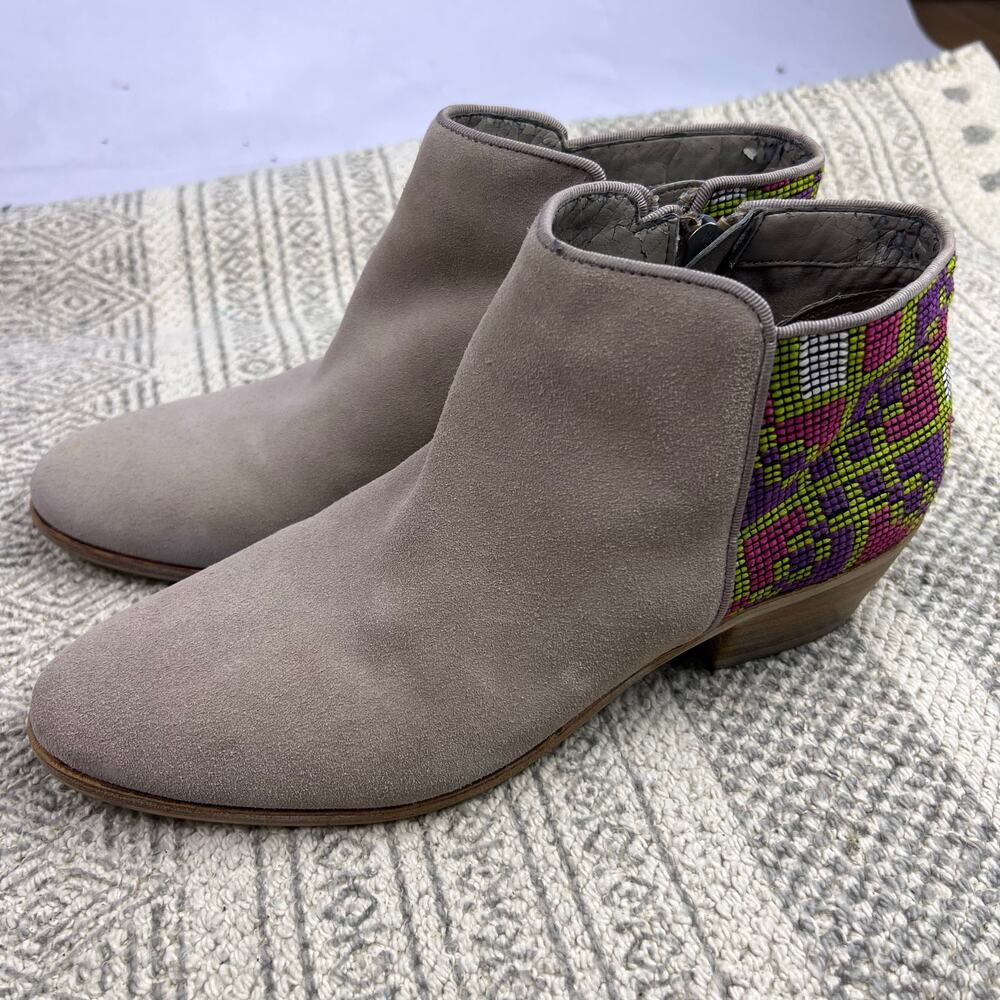 Sam Edelman, Putnam Taupe Suede Booties, Colorful Woven Back, Boho Western Ankle - Picture 4 of 11